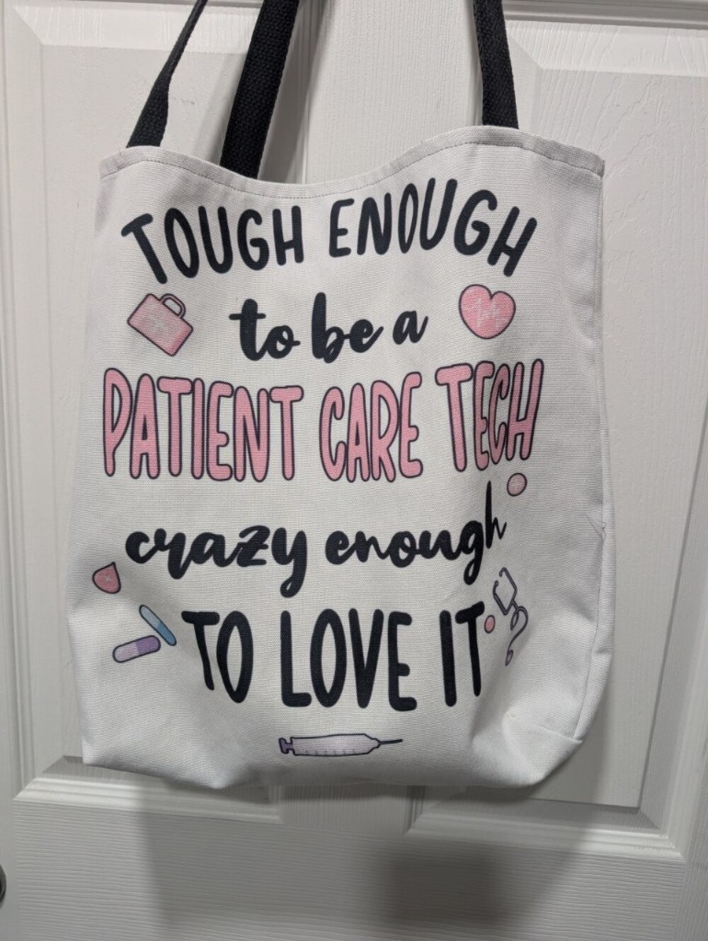 Patient Care Tech Tote Bag - White with Pink & Black Lettering